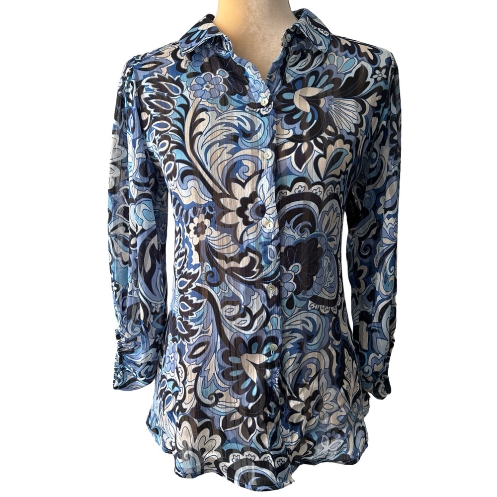 Haver & Blair London Womens Sheer Blouse  Blue Floral Paisley Button Up Small